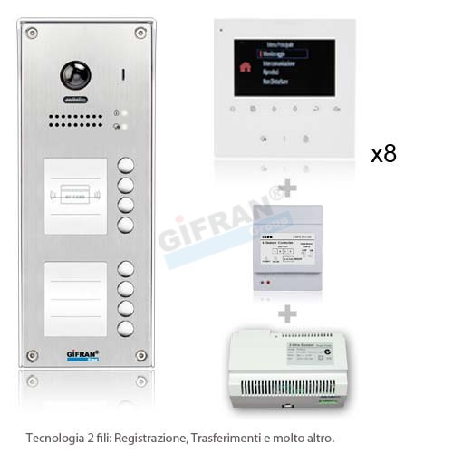 Videocitofono 8 Appartamenti Professionale Kit Pulsantiera 8 Tasti E 8 Monitor 4 Pollici